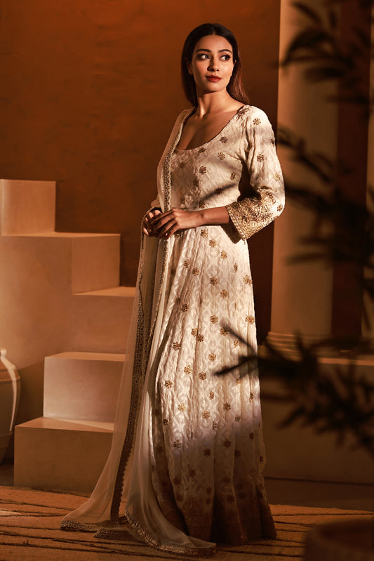 Aura Ivory Threadwork Anarkali Dress | Achint Mehta