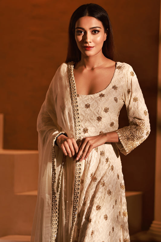 Aura Ivory Threadwork Anarkali Dress | Achint Mehta