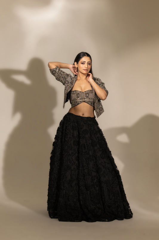 Black & Silver Geometric Sequin Jacket Lehenga | Achint Mehta
