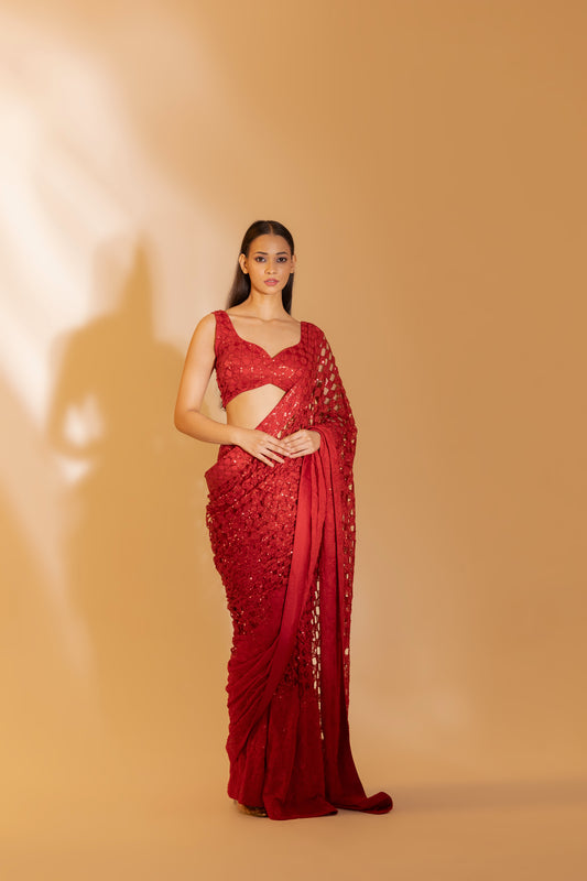 Bold Red Cut-Work Lattice Saree (The Modern Muse) | Achint Mehta