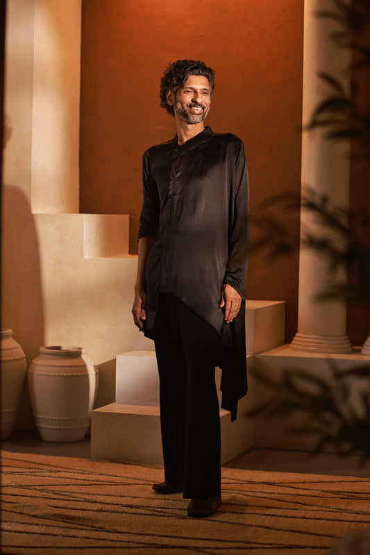 Midnight Asymmetry Satin Kurta | Achint Mehta