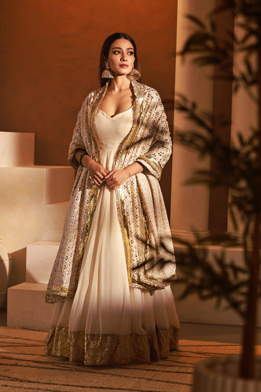 Ivory Veil Georgette Anarkali Dress | Achint Mehta