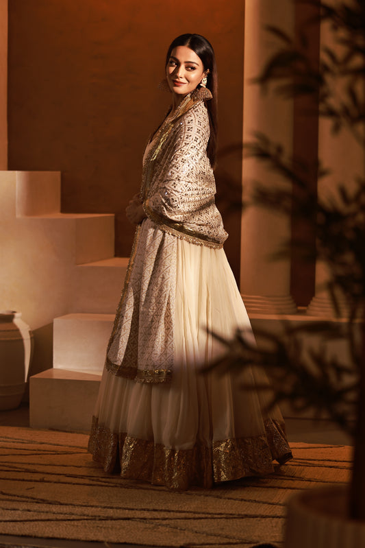 Ivory Veil Georgette Anarkali Dress | Achint Mehta