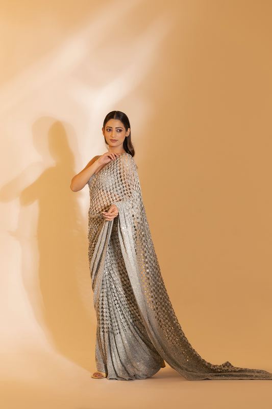 Ombré Sterling Silver Sequin-Work Saree (Cocktail Glamour) | Achint Mehta
