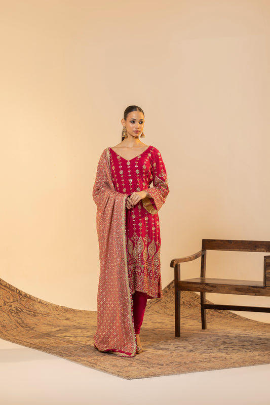Rani Pink Tilla Work Flared-Sleeve Suit Set (Celebration Edit) | Achint Mehta
