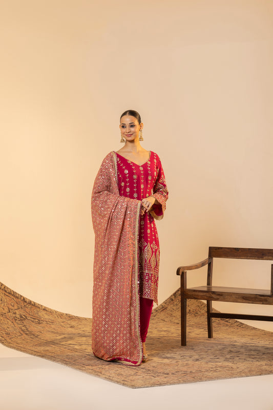 Rani Pink Tilla Work Flared-Sleeve Suit Set (Celebration Edit) | Achint Mehta