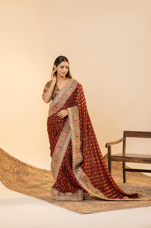 Ruby Red Bandhani Style Saree with Heritage Marori Border | Achint Mehta