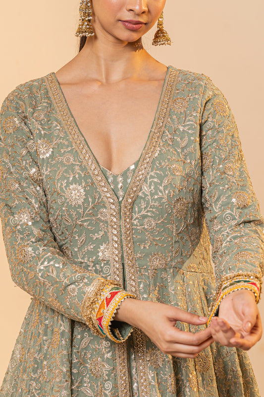 Sage Green Anarkali Gown with Foil and Sequin Embroidery | Achint Mehta