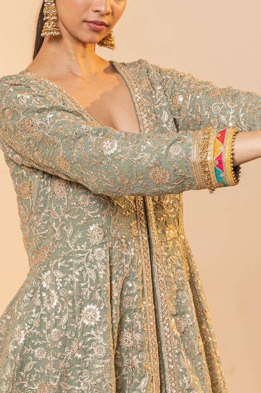 Sage Green Anarkali Gown with Foil and Sequin Embroidery | Achint Mehta