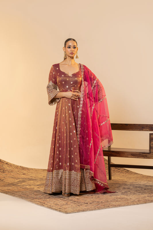Wine Red Foil Print Gown with Heavy Zari Border | Achint Mehta