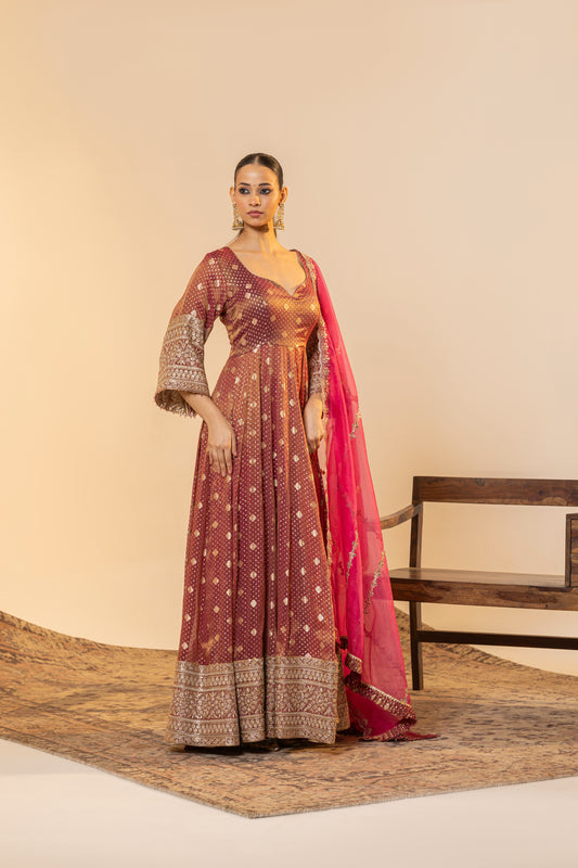 Wine Red Foil Print Gown with Heavy Zari Border | Achint Mehta