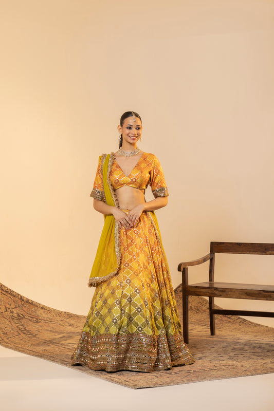 Zesty Lime & Marigold Mirror-Work Lehenga (Haldi/Sangeet) | Achint Mehta