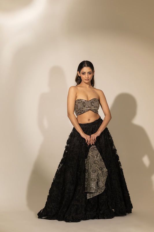 Black & Silver Geometric Sequin Jacket Lehenga | Achint Mehta
