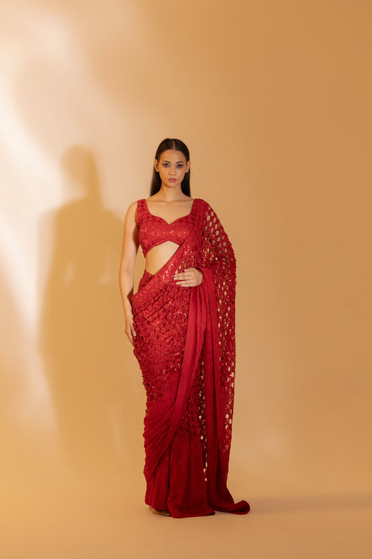Bold Red Cut-Work Lattice Saree (The Modern Muse) | Achint Mehta