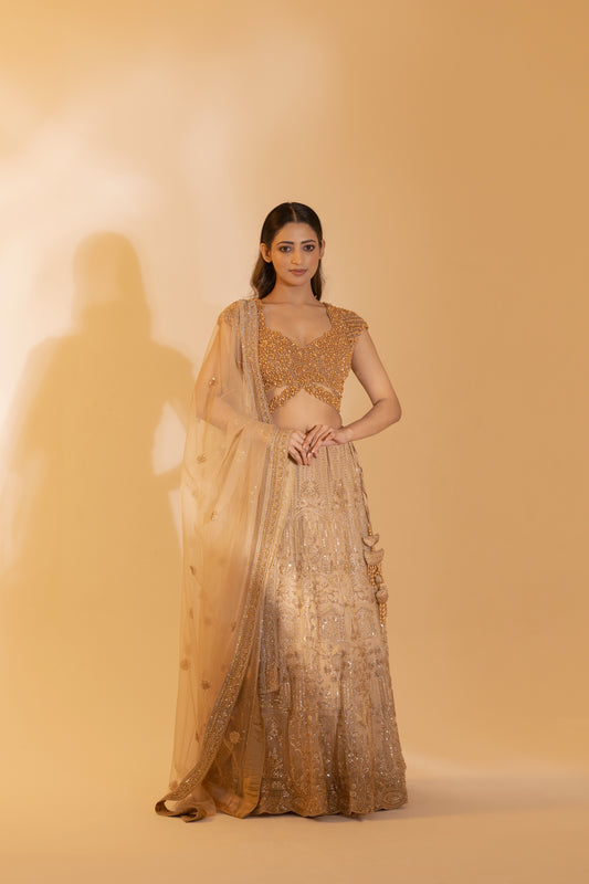 Golden Bronze Grandeur Zari Bridal Lehenga | Achint Mehta