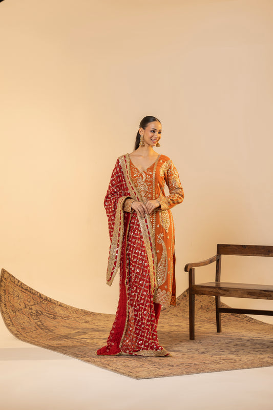 Marigold Orange Tilla-Work Suit with Sequin Dupatta | Achint Mehta