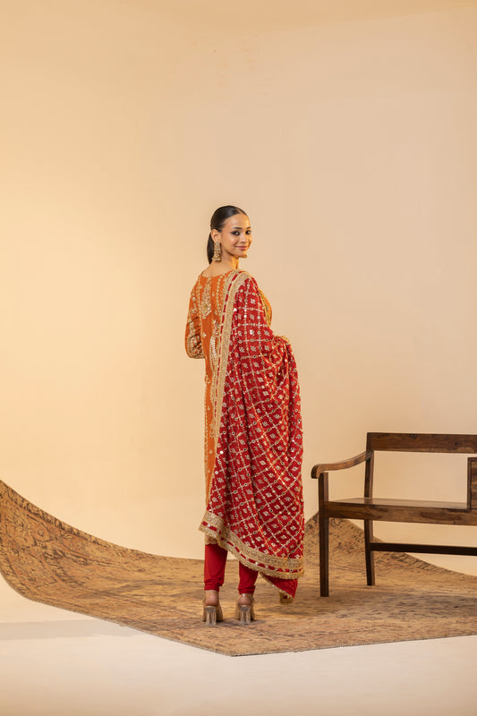 Marigold Orange Tilla-Work Suit with Sequin Dupatta | Achint Mehta