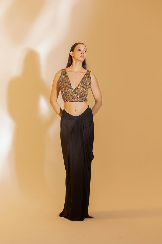 Multi-Tonal Sequin Bralette & Draped Skirt Set (The Modern Muse) | Achint Mehta