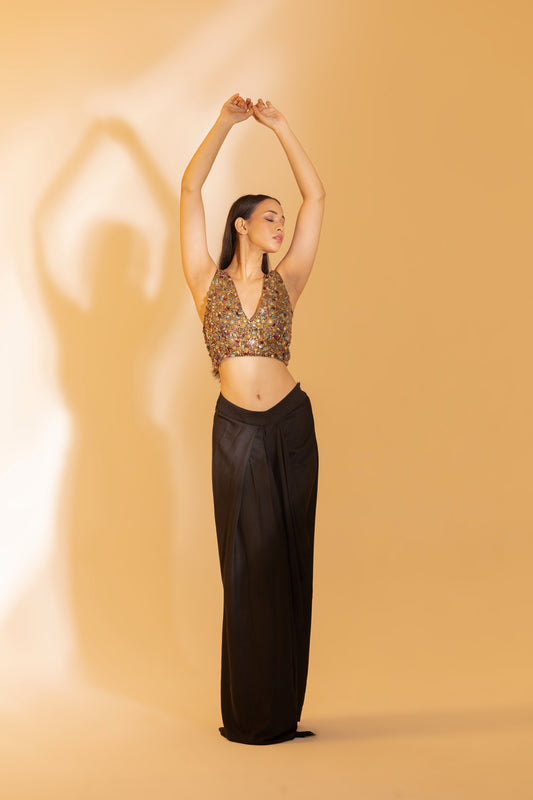 Multi-Tonal Sequin Bralette & Draped Skirt Set (The Modern Muse) | Achint Mehta