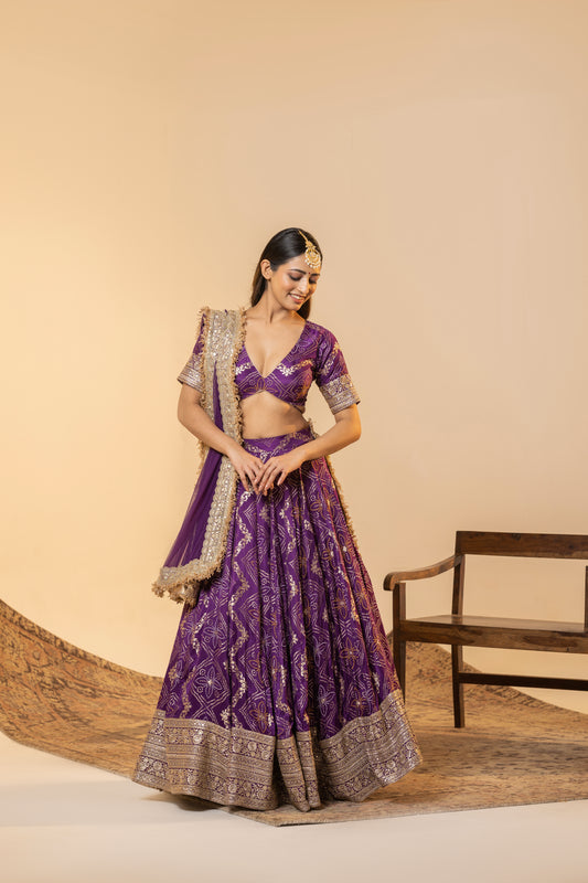 Royal Purple Bandhej Sequin Lehenga Set (Punjabi Zest) | Achint Mehta