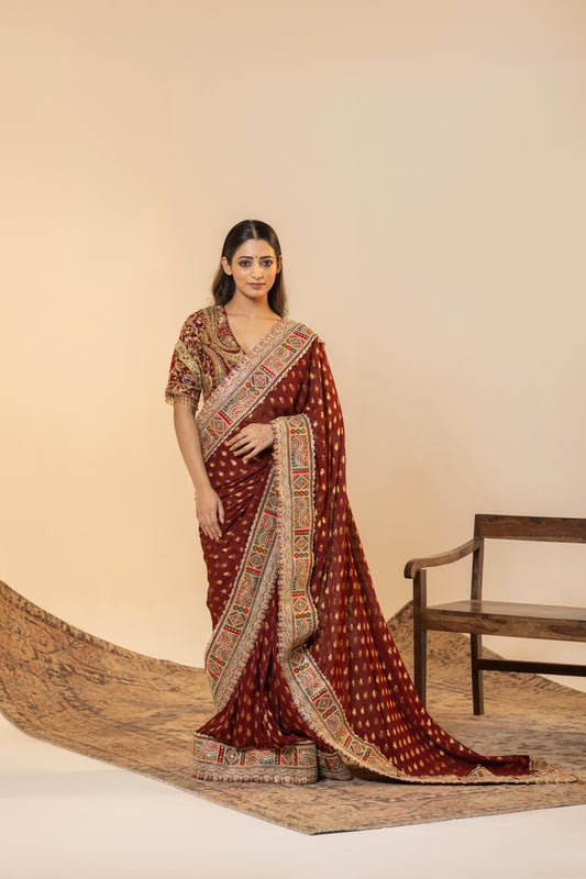 Ruby Red Bandhani Style Saree with Heritage Marori Border | Achint Mehta