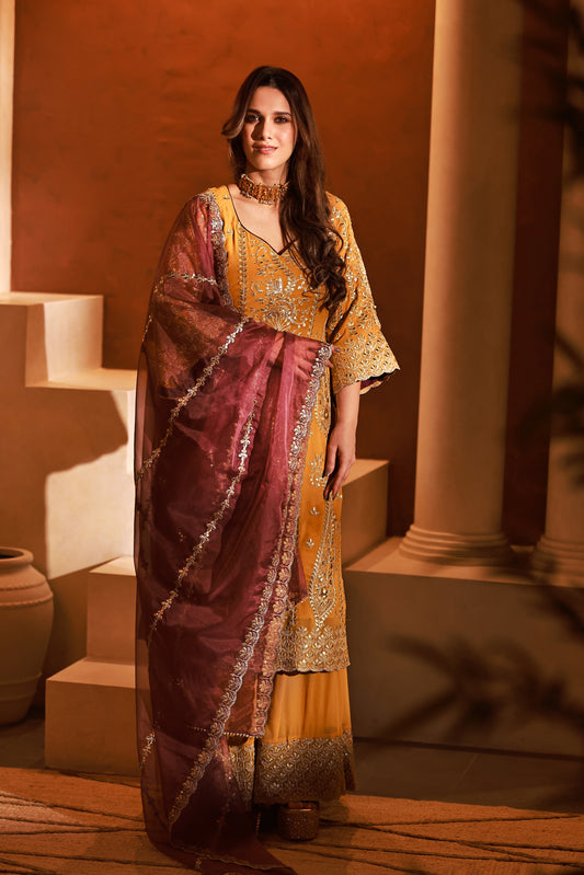 Sunehri Wine Sharara Dupatta Set
