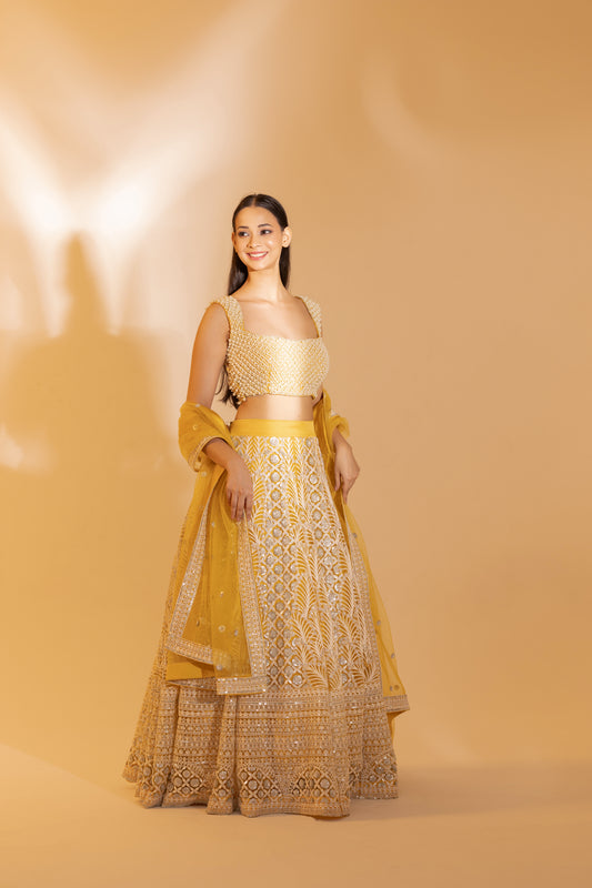 Sunflower Yellow Tilla & Pearl Lehenga (Haldi/Mehendi) | Achint Mehta