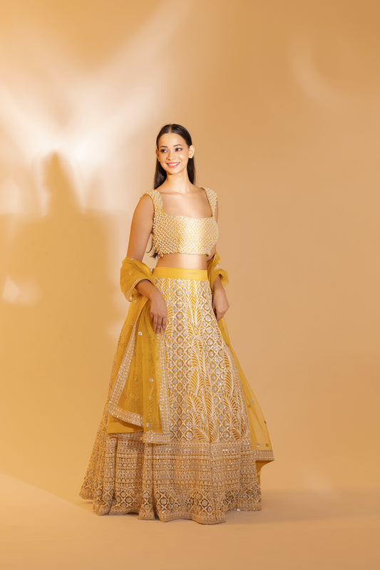 Sunflower Yellow Tilla & Pearl Lehenga (Haldi/Mehendi) | Achint Mehta