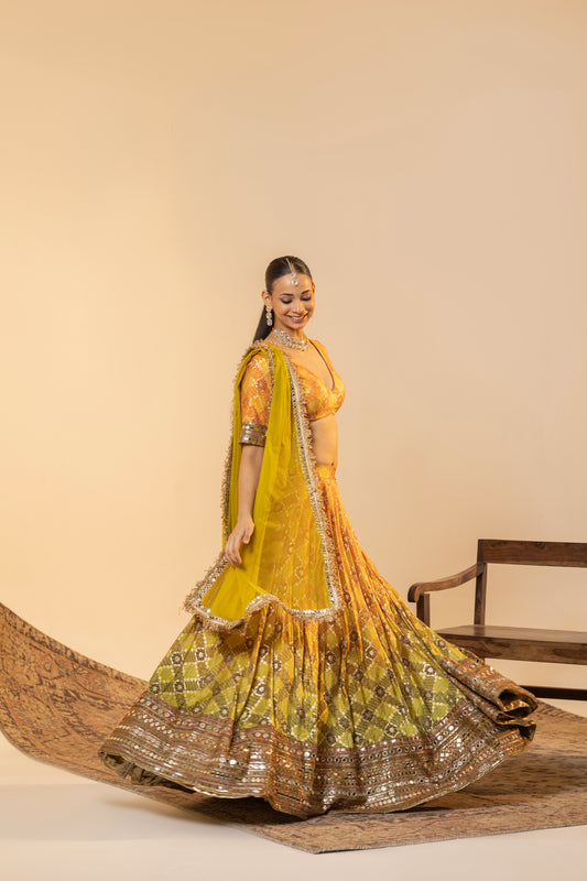Zesty Lime & Marigold Mirror-Work Lehenga (Haldi/Sangeet) | Achint Mehta